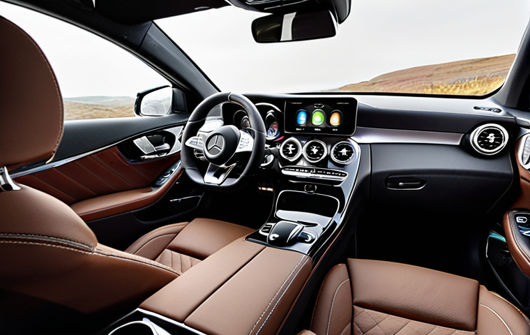 **
Interior of a Mercedes-Benz C-Class, showcasing its luxurious design, high-quality leather, wood trim, and the MBUX infotainment system. Focus on the comfortable seats and overall feeling of a premium, serene environment.
**