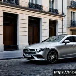 벤츠 CLS와 BMW 6시리즈 비교 - A sleek and elegant Mercedes CLS parked on a chic Parisian street at dusk, showcasing its fluid, cou...