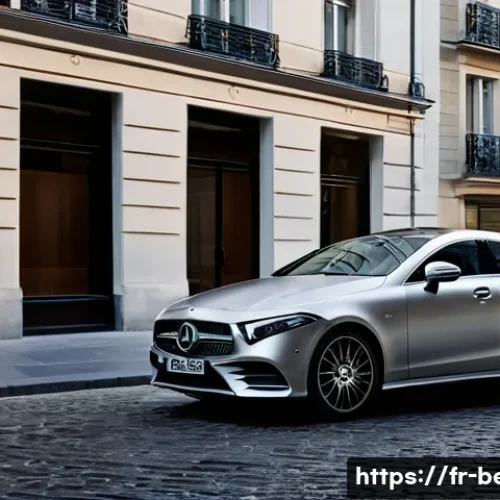 벤츠 CLS와 BMW 6시리즈 비교 - A sleek and elegant Mercedes CLS parked on a chic Parisian street at dusk, showcasing its fluid, cou...