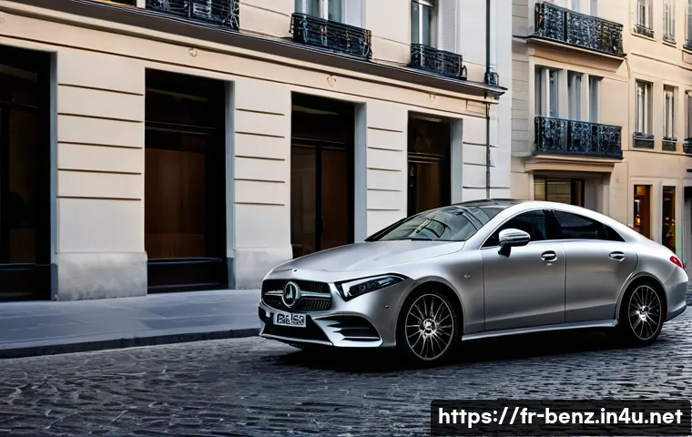 벤츠 CLS와 BMW 6시리즈 비교 - A sleek and elegant Mercedes CLS parked on a chic Parisian street at dusk, showcasing its fluid, cou...