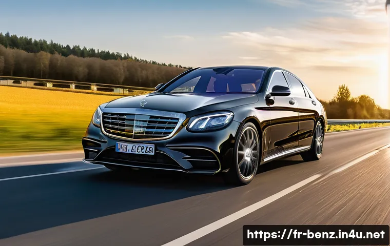 벤츠 S클래스의 자율주행 레벨 - A sleek, modern Mercedes-Benz S-Class driving autonomously on a multi-lane French highway at dusk, e...