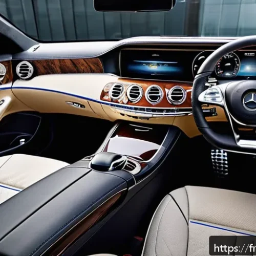 벤츠 S클래스의 고급 인테리어 - Luxurious Mercedes S-Class interior showcasing handcrafted full-grain leather seats with visible fin...