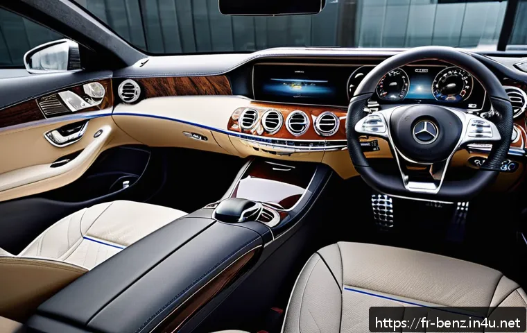 벤츠 S클래스의 고급 인테리어 - Luxurious Mercedes S-Class interior showcasing handcrafted full-grain leather seats with visible fin...