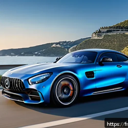 벤츠 AMG GT의 최신 트림 리뷰 - A sleek Mercedes AMG GT coupe parked on a scenic French Riviera coastal road at sunset, showcasing i...