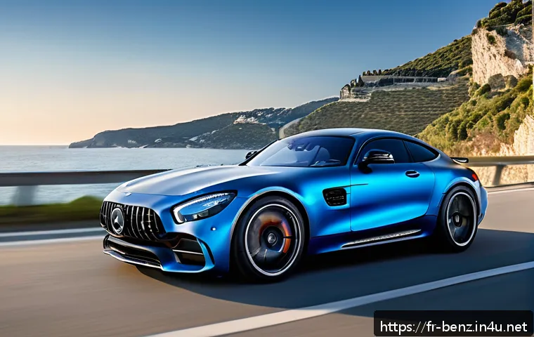 벤츠 AMG GT의 최신 트림 리뷰 - A sleek Mercedes AMG GT coupe parked on a scenic French Riviera coastal road at sunset, showcasing i...