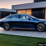 벤츠 EQE 전기차의 유지비 분석 - A sleek, modern Mercedes EQE electric sedan parked in a typical French suburban driveway at dusk, su...