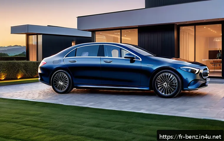 벤츠 EQE 전기차의 유지비 분석 - A sleek, modern Mercedes EQE electric sedan parked in a typical French suburban driveway at dusk, su...