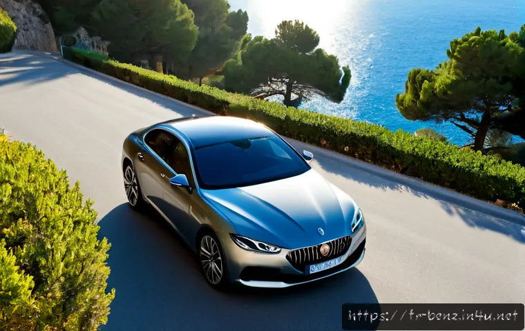 벤츠 S클래스와 BMW 8시리즈 비교 - Photorealistic luxury grand touring comparison scene on a quiet French Riviera coastal road at sunri...